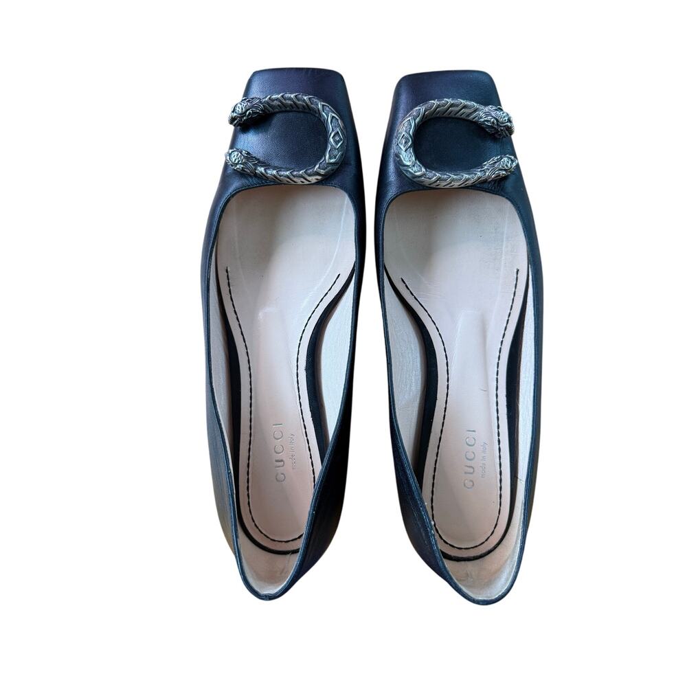 Gucci Dionysus Black Leather Buckle Square Toe Tiger Ballet Flats